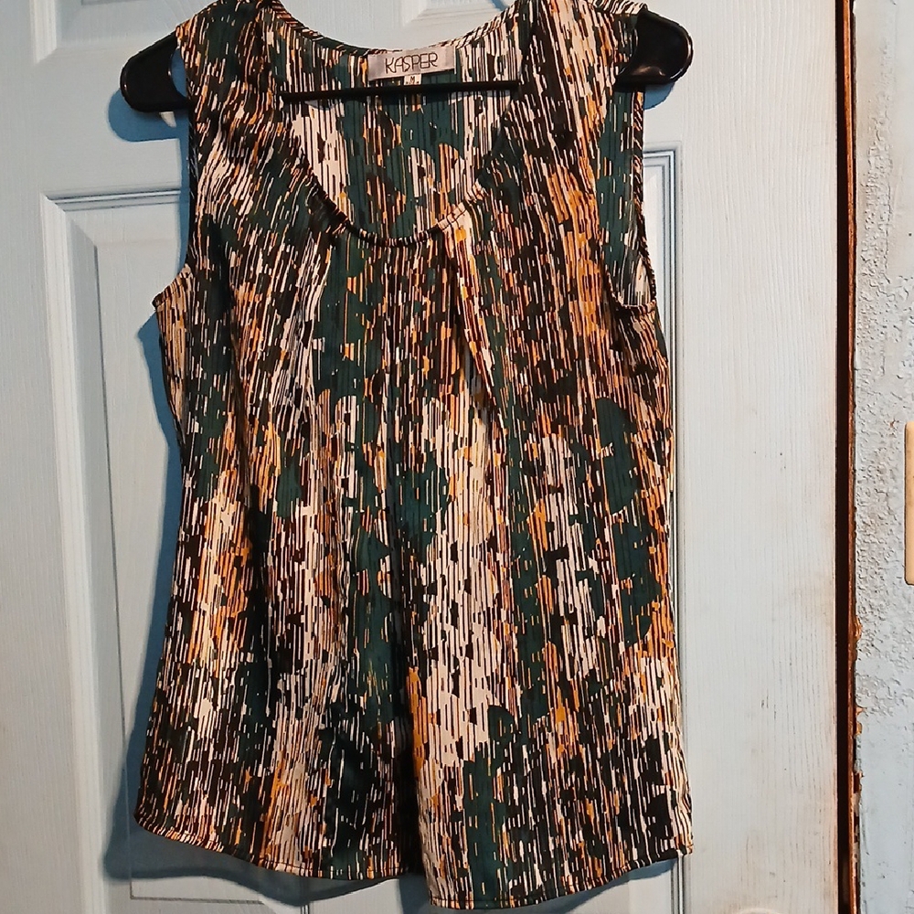 Kasper Green and Gold Sleeveless Pleated Blouse with Bib Collar